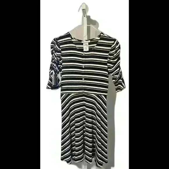 Bonnie Jean Black and White Striped Dress with Puff Sleeves - Picture 1 of 5